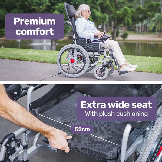 Equipmed Power Electric Wheelchair, XL Wide Bariatric Chair Seat, Long Range, Airline Approved, Recline Adjustment, Lithium Battery, 22" Wheels, Headrest Black