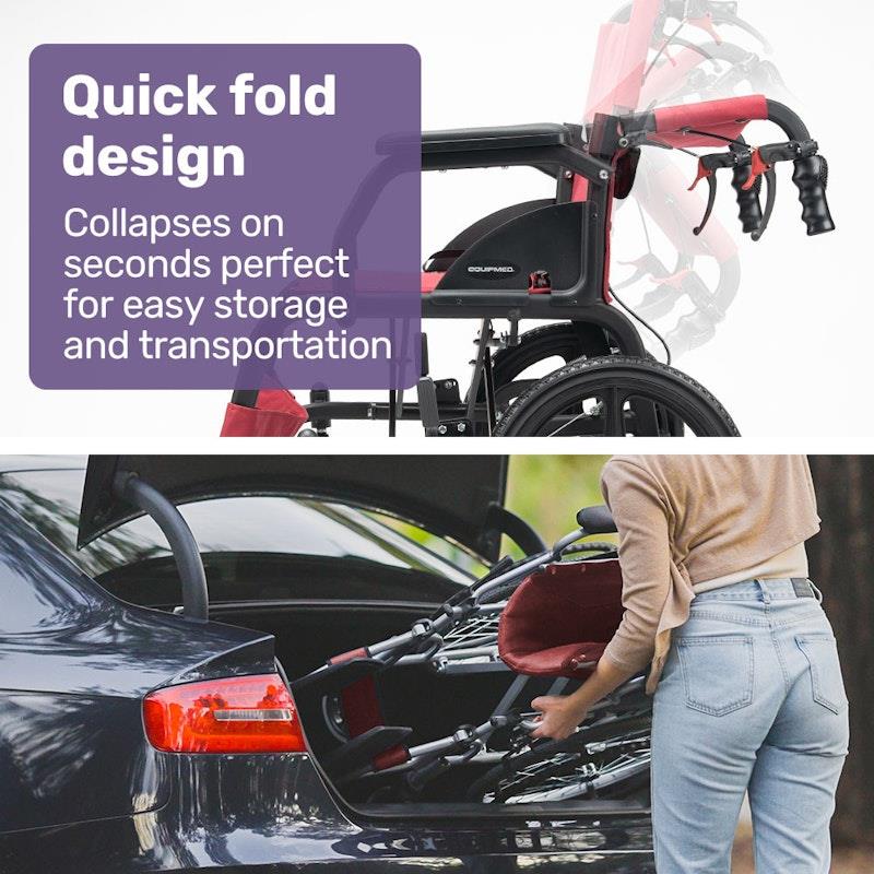 Load image into Gallery viewer, Equipmed Folding Transit Wheelchair Lightweight Red
