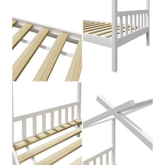 Oikiture Bed Frame Wooden Base Kids Single Timber House Beds White 1unit