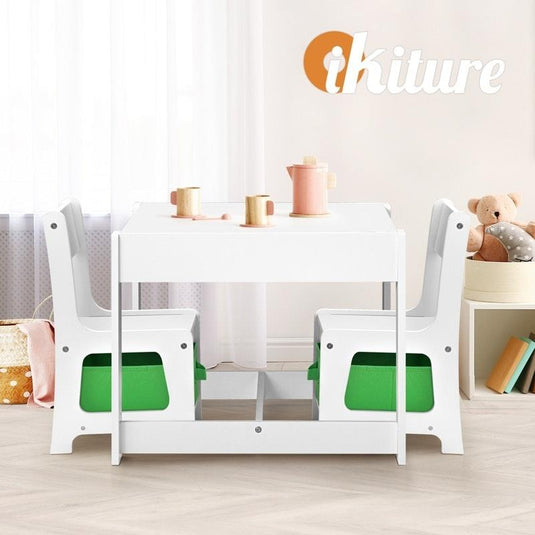 Oikiture Kids Table and Chair Set Storage Box Toys Wooden Play Activity Desk Green & White