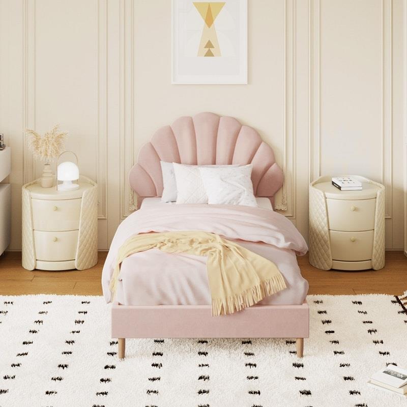 Load image into Gallery viewer, Oikiture Bed Frame Single Size Scallop-Shape Bedhead Velvet Pink
