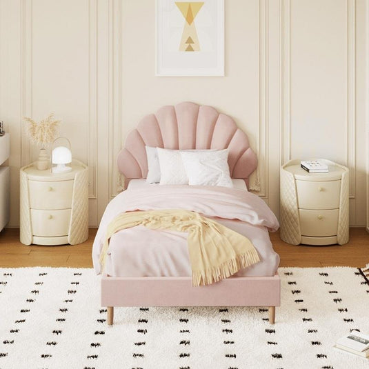 Oikiture Bed Frame Single Size Scallop-Shape Bedhead Velvet Pink