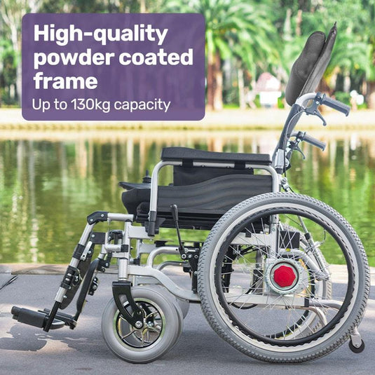 Equipmed Power Electric Wheelchair, XL Wide Bariatric Chair Seat, Long Range, Airline Approved, Recline Adjustment, Lithium Battery, 22" Wheels, Headrest Black
