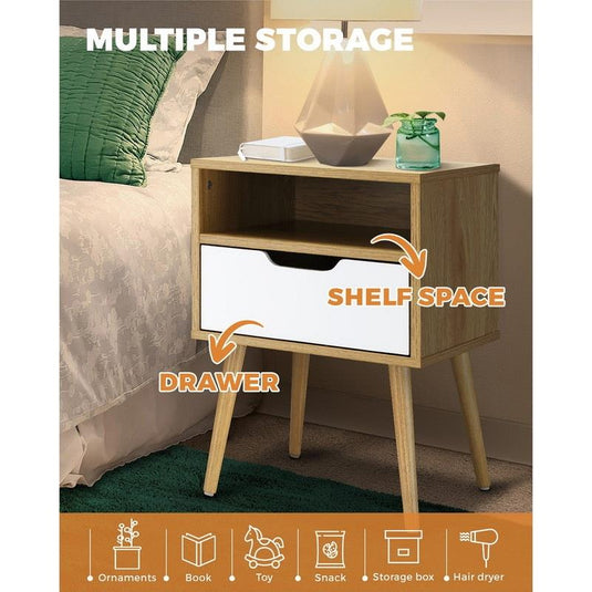 Oikiture Bedside Table Drawers Side Tables Nightstand Trendy Furniture Cabinet Natural & White