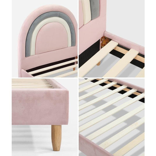 Oikiture Bed Frame Single Size Rainbow Kids Bed Frame Velvet Pink