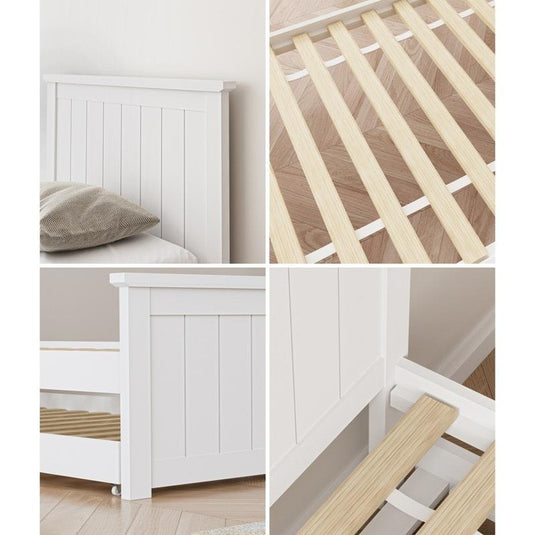 Oikiture Trundle Bed Frame Single Size Beds Base Wooden Daybed White