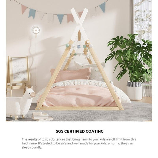 Oikiture Kids Bed Frame Wooden Timber King Single Teepee House Frame Beds 1unit