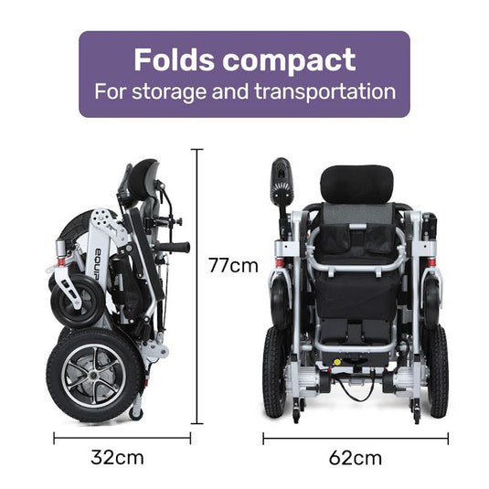 Equipmed Power Electric Wheelchair, Folding, Airline Approved, ARTG Certified, Recline Adjustment, Headrest, Aluminium Frame, Lithium Battery Grey