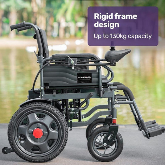Equipmed Electric Folding Wheelchair, Wide Bariatric Chair Seat, Comfortable for S-XL, Long Range, Lithium Battery Black