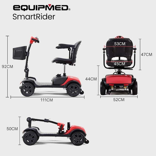 Equipmed SmartRider Folding Electric Mobility Scooter Black & Red