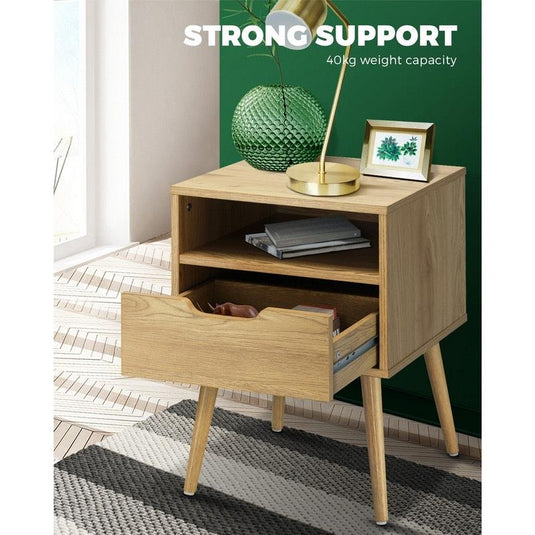 Oikiture Bedside Table Drawers Side Tables Nightstand Bedroom Cabinet Wood Natural