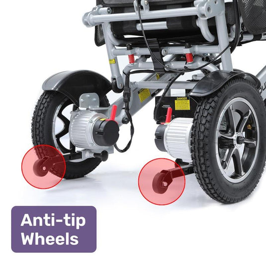 Equipmed Power Electric Wheelchair, Folding, Airline Approved, ARTG Certified, Recline Adjustment, Headrest, Aluminium Frame, Lithium Battery Grey