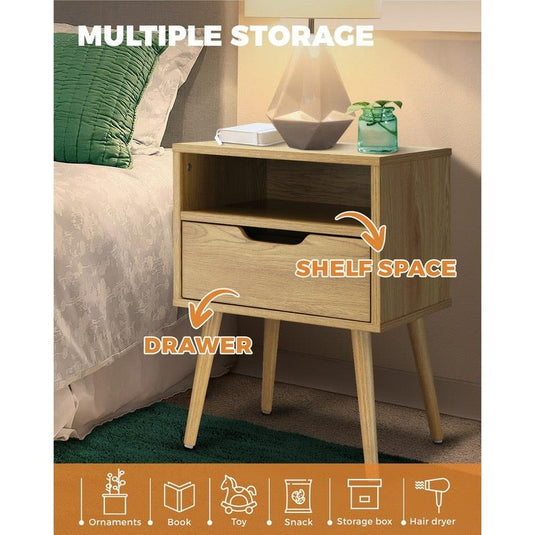 Oikiture Bedside Table Drawers Side Tables Nightstand Bedroom Cabinet Wood Natural