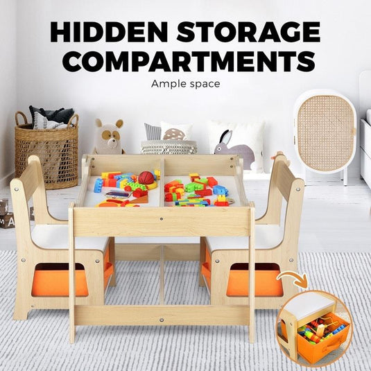 Oikiture Kids Table and Chairs Set Activity Play Study Desk Toys Storage Box Natural