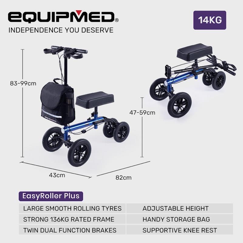 Load image into Gallery viewer, Equipmed Knee Scooter Walker 10 Inch Tyres With Dual Breakes &amp; Bag Blue
