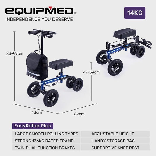 Equipmed Knee Scooter Walker 10 Inch Tyres With Dual Breakes & Bag Blue
