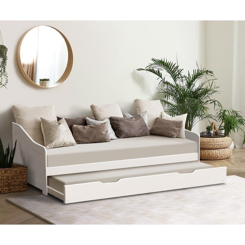 Load image into Gallery viewer, Oikiture Trundle Bed Frame Daybed Single Size Base Timber Wooden Single Beds x2 White

