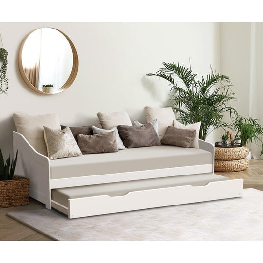 Oikiture Trundle Bed Frame Daybed Single Size Base Timber Wooden Single Beds x2 White