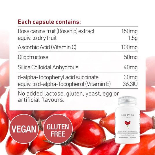 Unichi Rosa Prima Rosehip Extract 1500mg Complex 60 Vegan Capsules x2 Pack