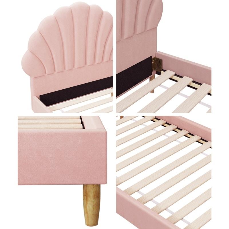 Load image into Gallery viewer, Oikiture Bed Frame Single Size Scallop-Shape Bedhead Velvet Pink
