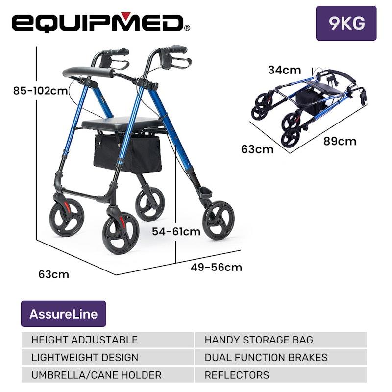 Load image into Gallery viewer, Equipmed 4 Wheel Lightweight Rollator Walker Blue
