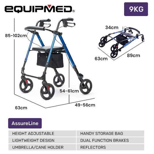 Equipmed 4 Wheel Lightweight Rollator Walker Blue