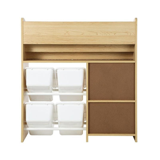 Oikiture Kids Bookshelf 4 Bins Toy Box Storage Organiser Display Shelf Natural & White