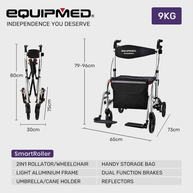 Load image into Gallery viewer, Equipmed 2-in-1 Foldable Aluminium Walking Frame Rollator Silver
