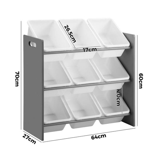 Oikiture Kids Storage 9 Bins Display Shelf Storage Rack White & Grey