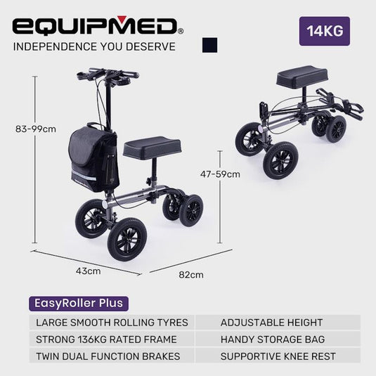 Equipmed Knee Scooter Walker 10 Inch Tyres With Dual Breakes & Bag Titanium Colour