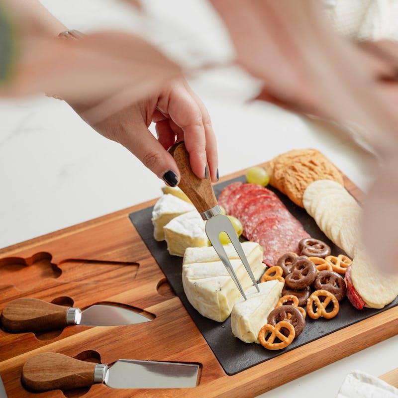 Load image into Gallery viewer, Clevinger 4 Piece Acacia Wood &amp; Slate Cheese Board With Knife Set
