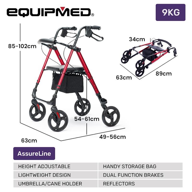 Load image into Gallery viewer, Equipmed 4 Wheel Lightweight Rollator Walker Red
