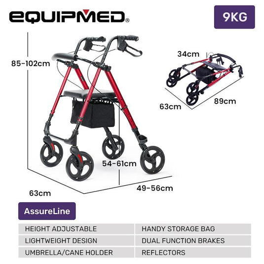 Equipmed 4 Wheel Lightweight Rollator Walker Red