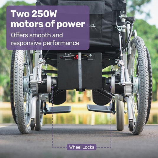 Equipmed Power Electric Wheelchair, XL Wide Bariatric Chair Seat, Long Range, Airline Approved, Recline Adjustment, Lithium Battery, 22" Wheels, Headrest Black