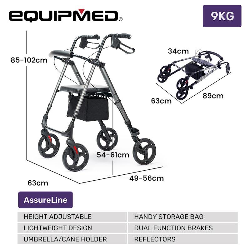 Load image into Gallery viewer, Equipmed 4 Wheel Lightweight Rollator Walker Titanium Colour
