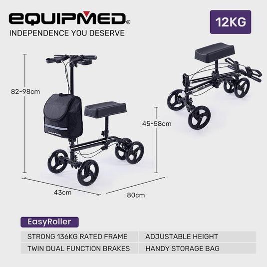 Equipmed Knee Scooter Walker With Dual Brakes & Bag Black