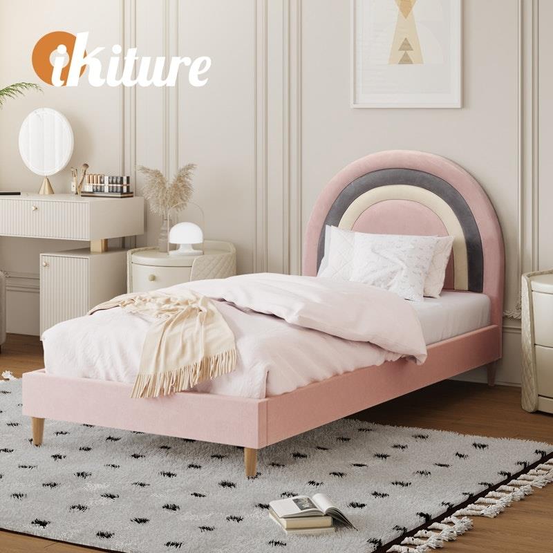 Load image into Gallery viewer, Oikiture Bed Frame Single Size Rainbow Kids Bed Frame Velvet Pink

