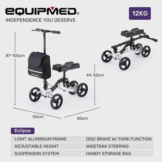 Equipmed Knee Scooter Walker With Disc Break & Suspension Bag Silver