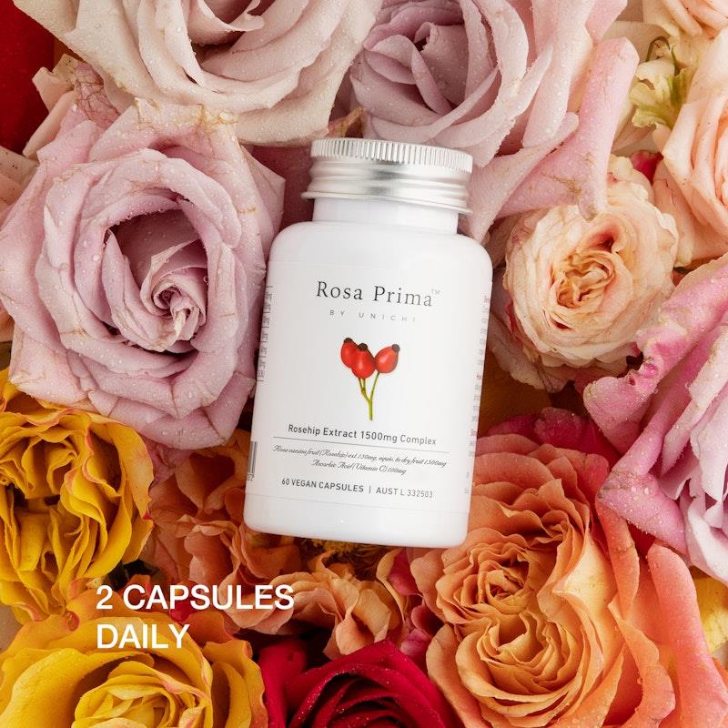 Load image into Gallery viewer, Unichi Rosa Prima Rosehip Extract 1500mg Complex 60 Vegan Capsules x2 Pack
