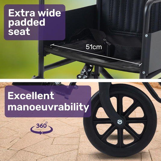 Equipmed Folding Transit Manual Wheelchair For S-XL Black