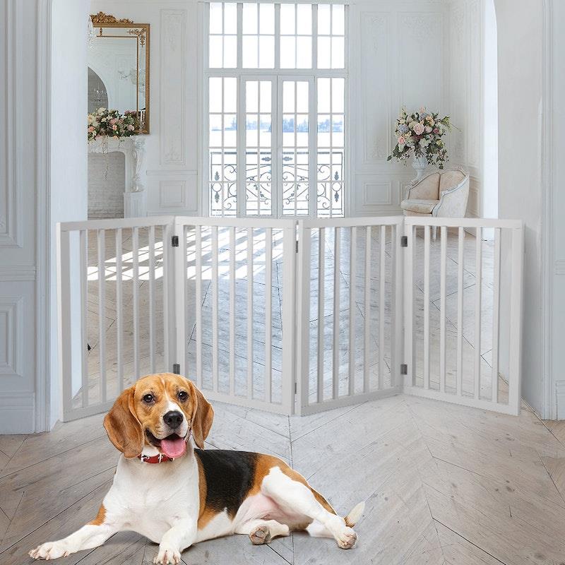 Load image into Gallery viewer, PaWz Wooden Pet Gate Dog Fence Retractable Barrier Portable Door 4 Panel White
