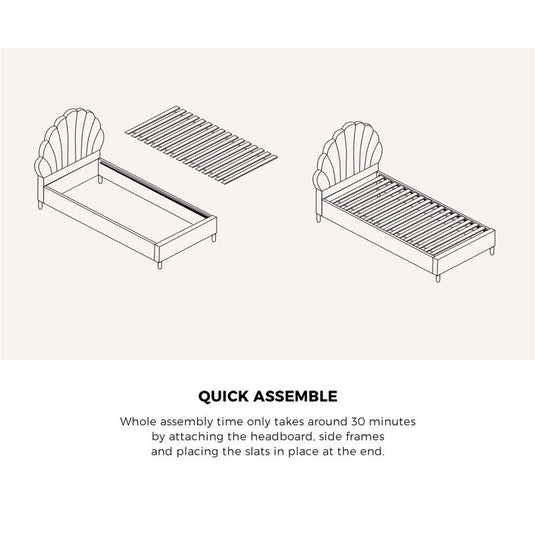 Oikiture Bed Frame Single Size Scallop-Shape Bedhead Boucle White