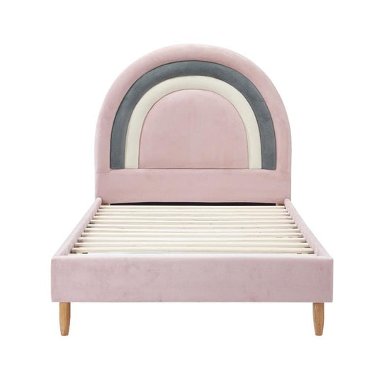 Oikiture Bed Frame Single Size Rainbow Kids Bed Frame Velvet Pink