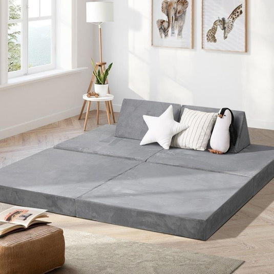 Oikiture 4 Pieces Kids Sofa Play Couch Modular Lounge Cushion Convertible Playset Grey