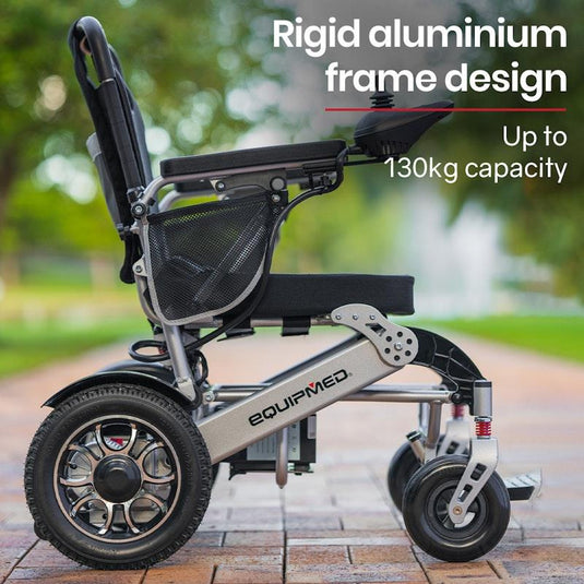 Equipmed Power Electric Wheelchair, Airline Approved Wheel Chair, Lightweight, Folding, Long Range, Lithium Batteries Black & Silver