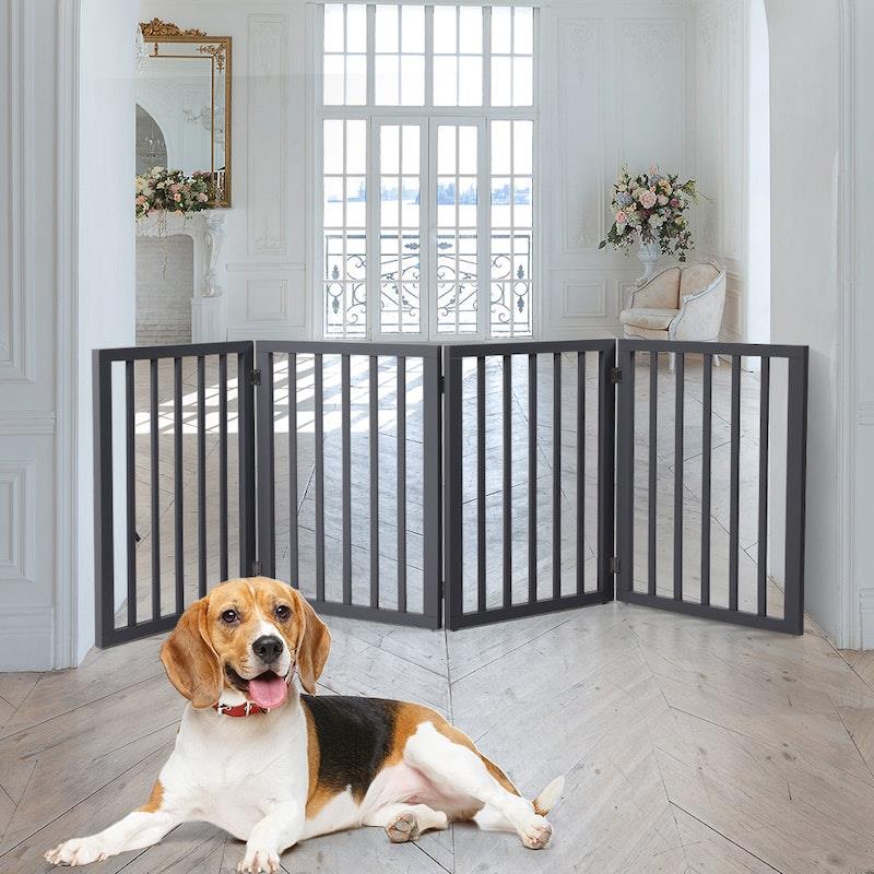 Load image into Gallery viewer, PaWz Wooden Pet Gate Dog Fence Retractable Barrier Portable Door 4 Panel Grey
