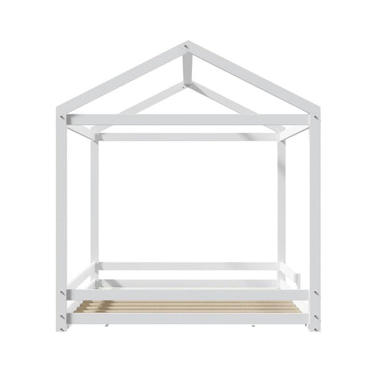 Oikiture Kids Wooden Bed Frame Timber House Beds Base with Fence Double White