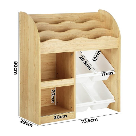 Oikiture Kids Bookshelf 4 Bins Toy Box Storage Organiser Display Shelf Natural & White