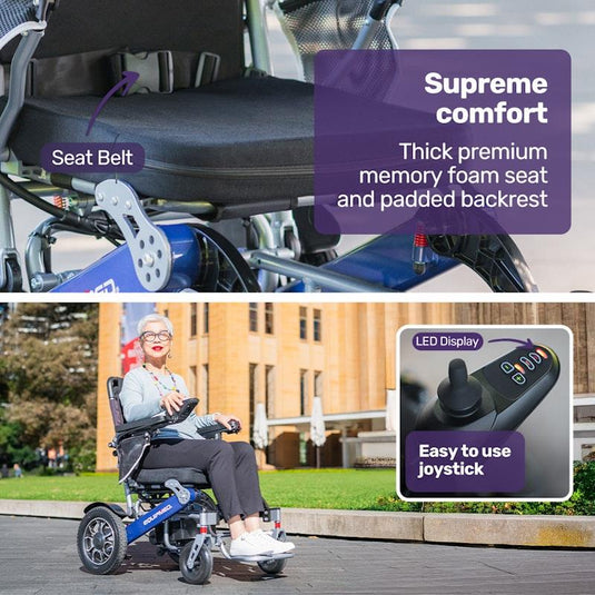 Equipmed Power Electric Wheelchair, Long Range, Airline Approved, Folding, Aluminium Frame, Lithium Battery Blue