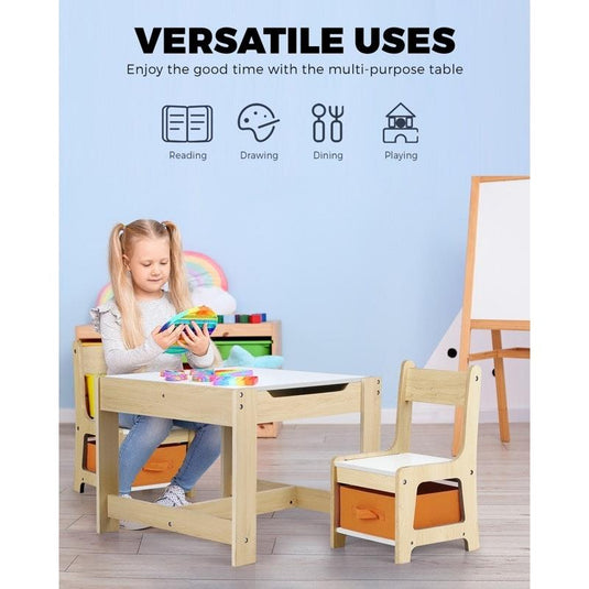 Oikiture Kids Table and Chairs Set Activity Play Study Desk Toys Storage Box Natural